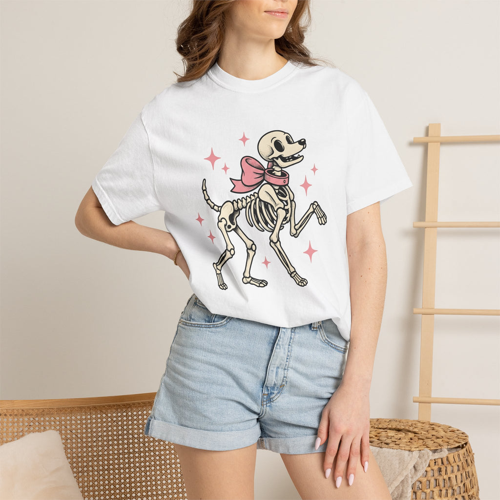 Dog Skeleton Shirt Halloween Dog Gift Women Cartoon Tee Skeleton T-Shirt Spooky Fan Spooky Graphic Halloween Design Retro Bow Tshirt