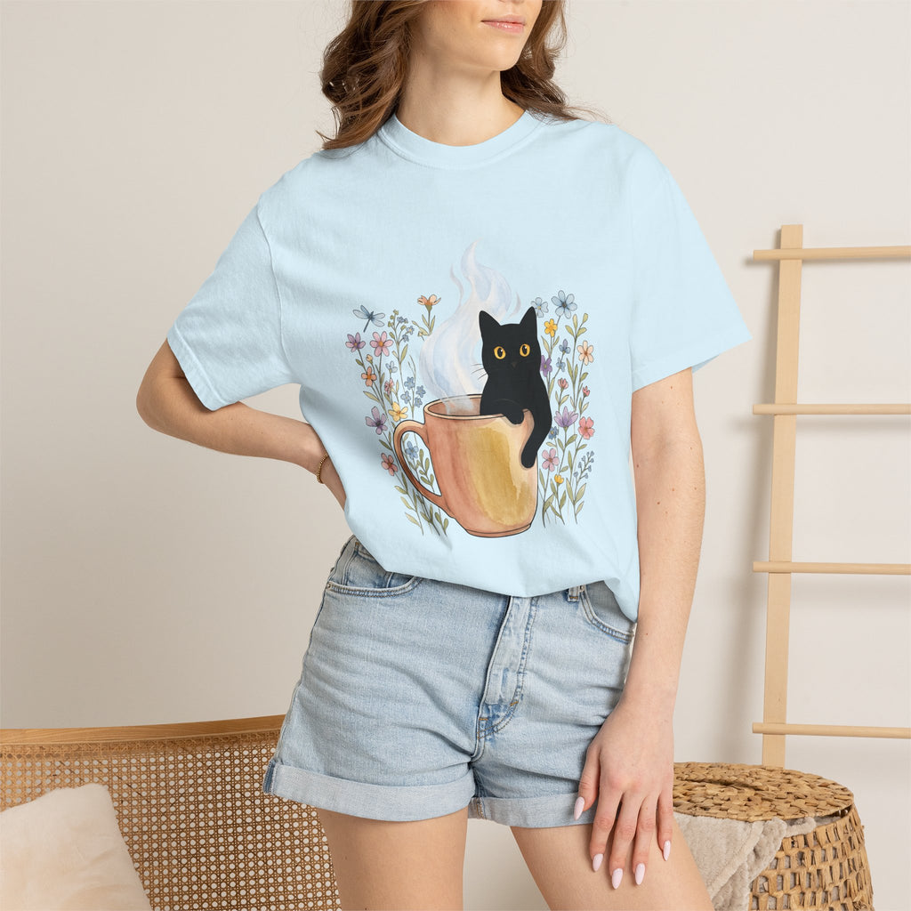 Black Cat Cup Shirt Cat Espresso Gift Women Hand Painted Tee Cat Mug T-Shirt Cat Fan Feline Tshirt Coffee Graphic Playful Garden Flowers