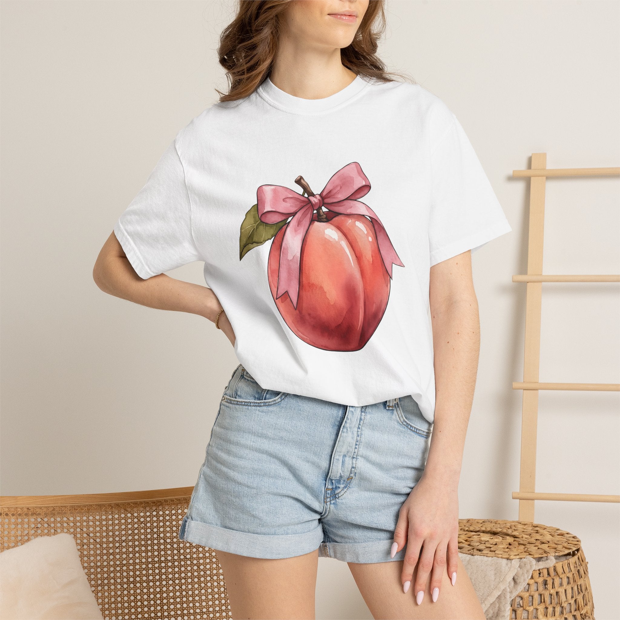Peach Bow Shirt Cute Harvest Gift Women Ink Tee Bow T-Shirt Kawaii Fan Tattoo Tshirt Autumn Graphic Pencil Foliage Tshirt