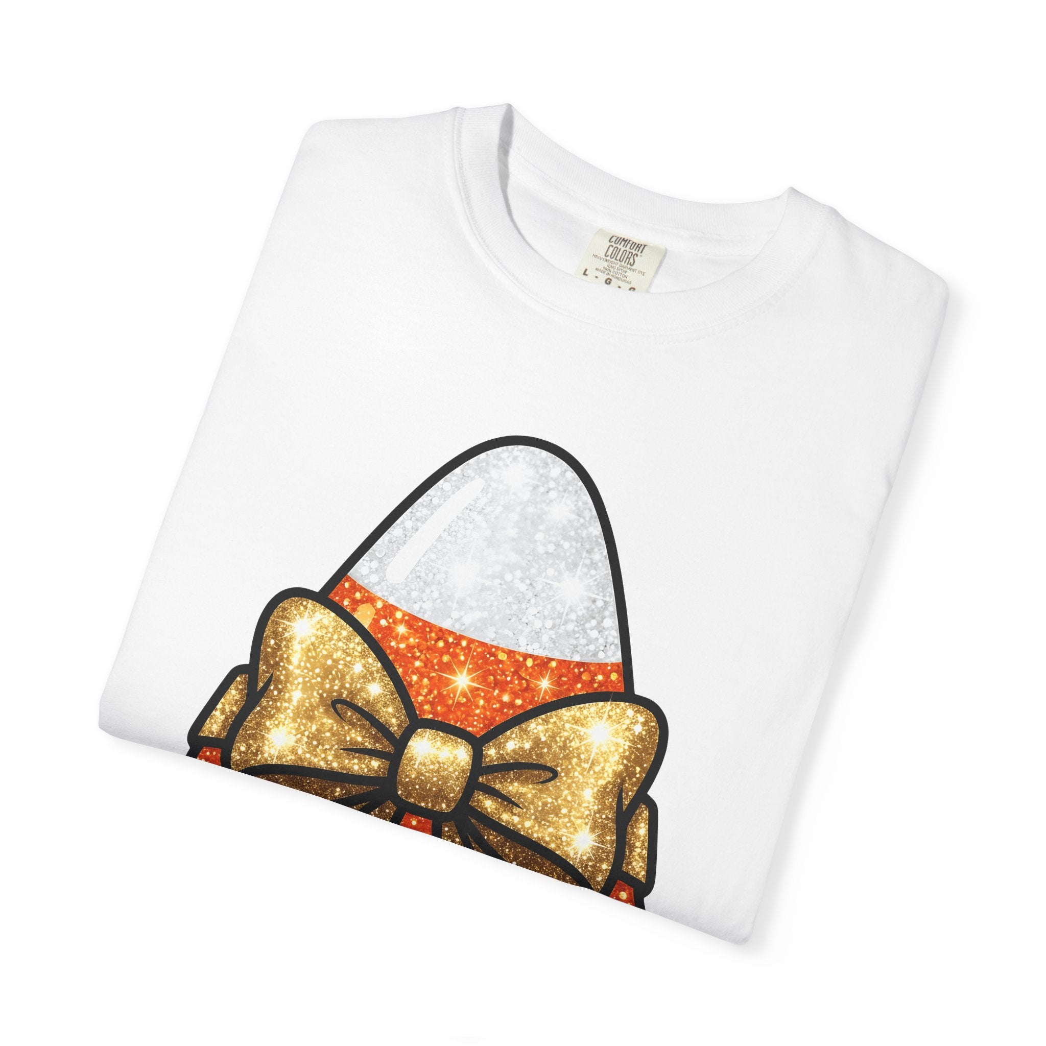Candy Corn Shirt Halloween Treats Gift Women Shimmer Tee Triangular Candy T-Shirt Spooky Fan Glittery Tshirt Dessert Graphic Adorable Knot