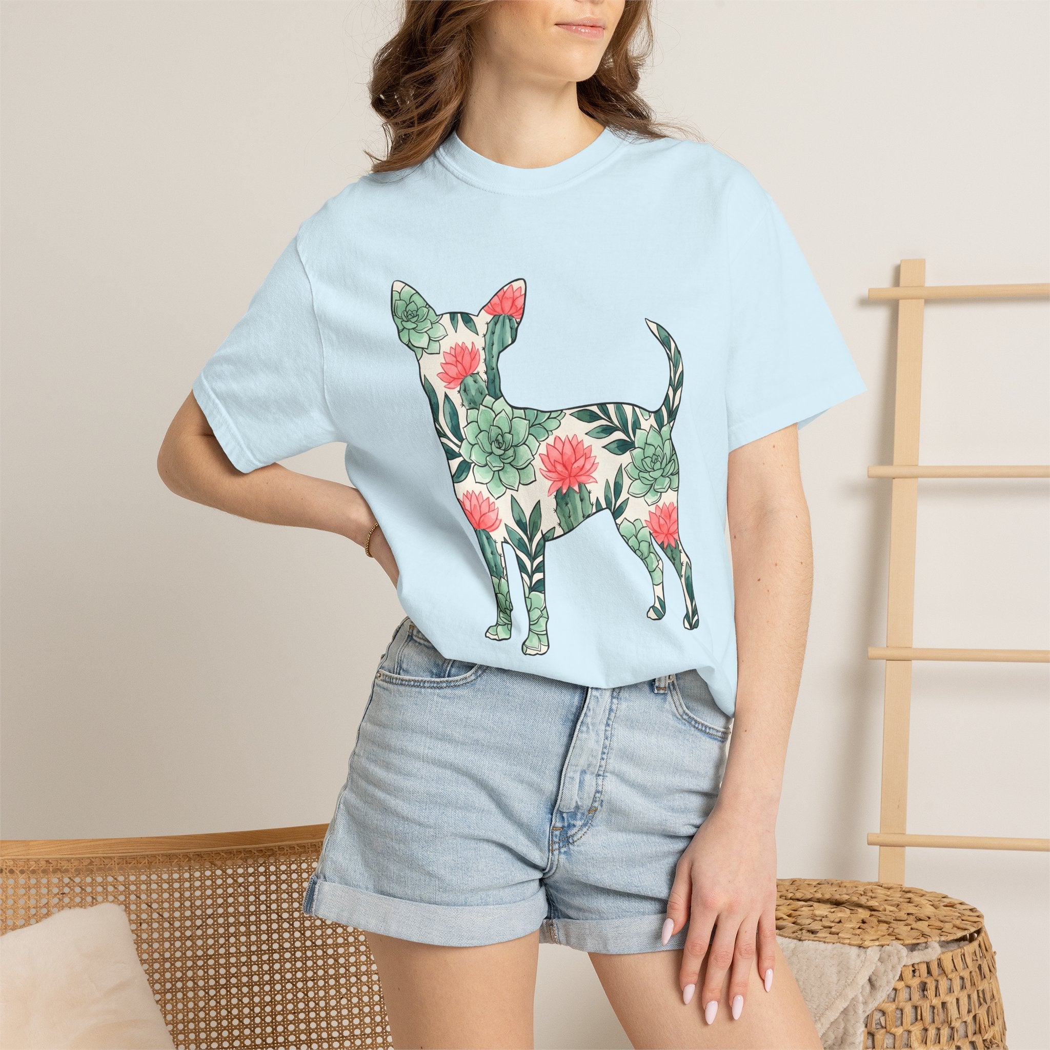 Chihuahua Succulent Shirt Dog Greenery Gift Women Painted Tee Puppy T-Shirt Dog Fan Handpainted Tshirt Foliage Graphic Leaf Art Cactus