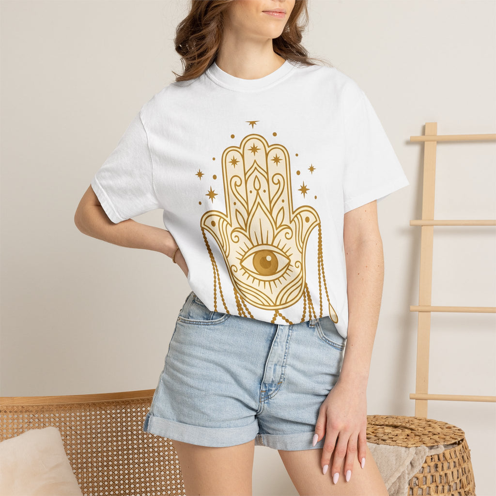 Hamsa Charm Shirt Boho Chic Meditation Gift Women Sketch Tee Hand Charm T-Shirt Bohemian Enthusiast Drawing Illustration Spiritual Design