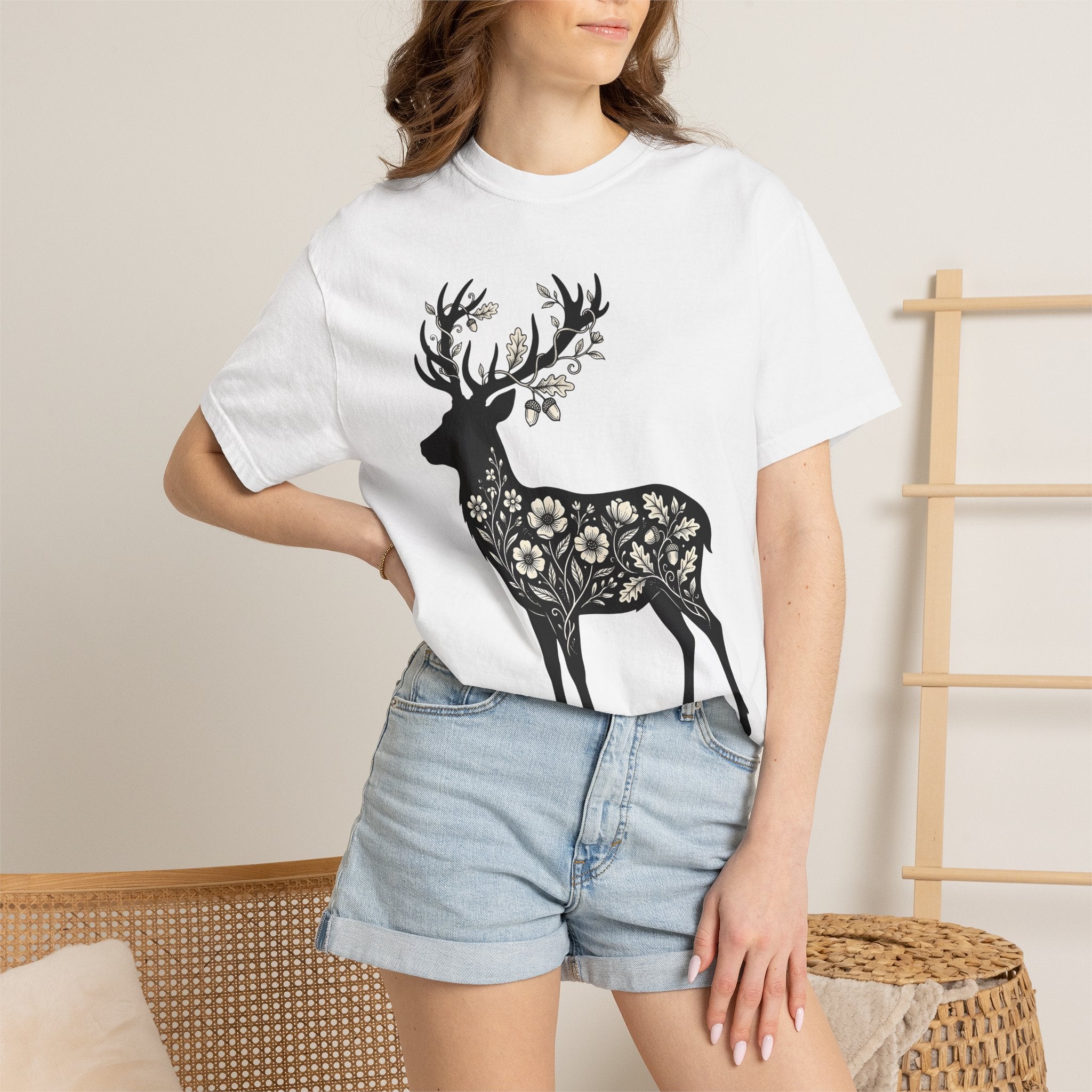 Deer Floral Shirt Animals & Flowers Nature Gift Women Botanical Tee Fawn T-Shirt Wildlife Fan Botanical Art Tshirt Wilderness Graphic