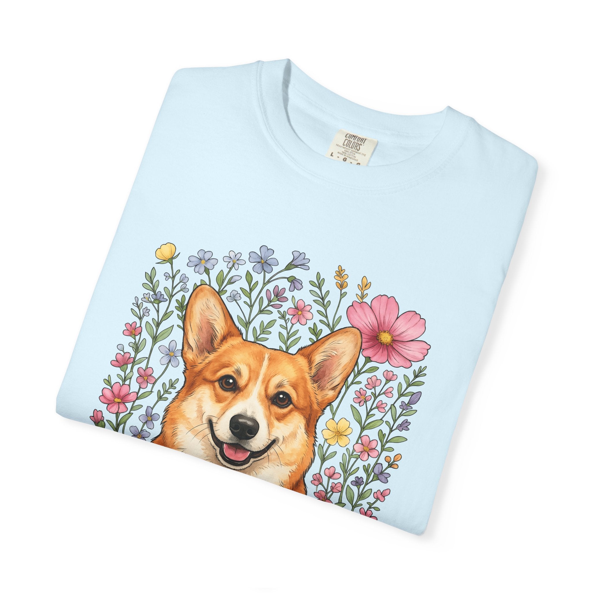 Corgi Pet Shirt Dog Blossoms Gift Women Line Art Tee Puppy T-Shirt Dog Fan Canine Tshirt Floral Graphic Pastel Garden Blooms Tshirt
