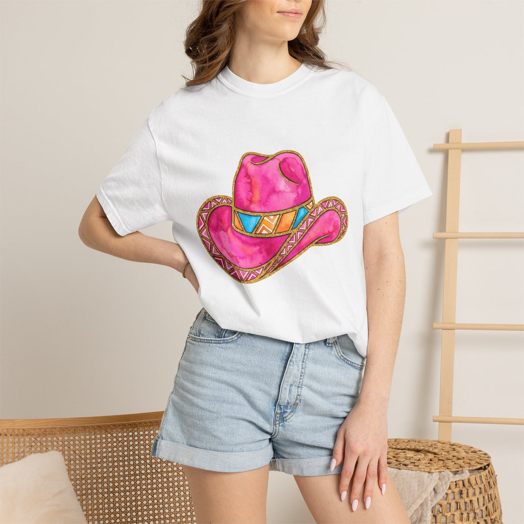 Pink Western Hat Shirt Western Apparel Gift Women Hand Painted Tee Cowboy Hat T-Shirt Rodeo Fan Cowgirl Tshirt Clothing Graphic Rustic