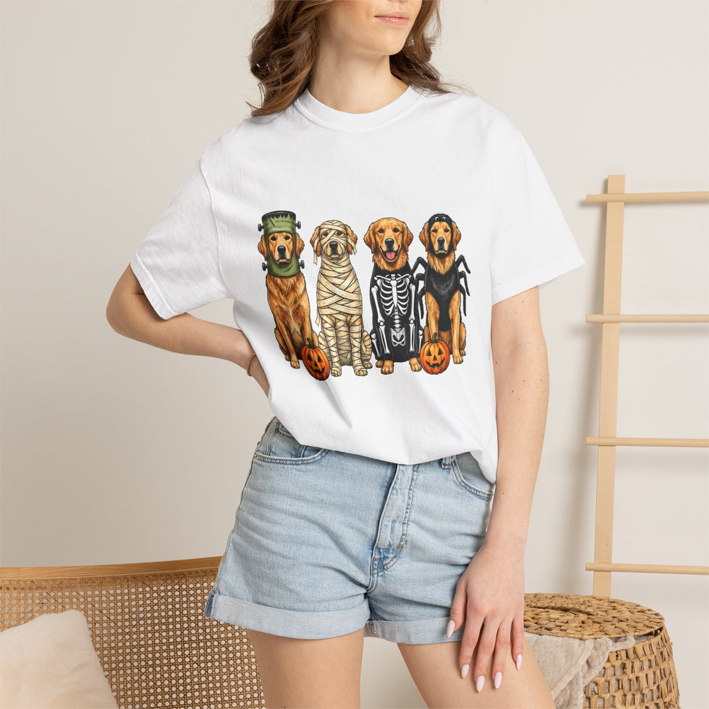 Golden Retriever Puppies Shirt Dog Spooky Gift Women Sketch Tee Puppy T-Shirt Dog Fan Pup Drawing Horror Graphic Retro Jack O Lantern Tshirt