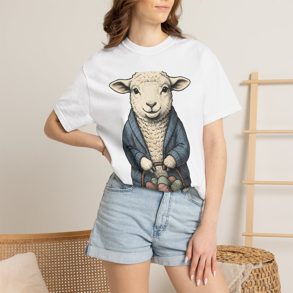 Lamb Basket Shirt Easter Creatures Gift Women Line Art Tee Hamper T-Shirt Easter Fan Hand Drawn Tshirt Animal Graphic Rustic Spring Eggs