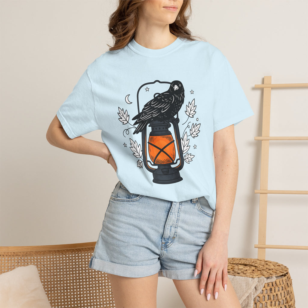 Blackbird Lantern Shirt Halloween Eerie Gift Women Flat Graphic Tee Lantern T-Shirt Spooky Fan Spooky Graphic Tshirt Rustic Fall Leaves