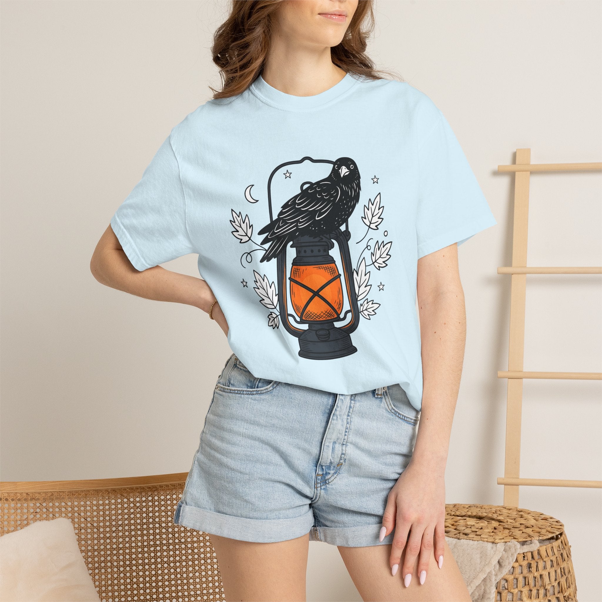 Blackbird Lantern Shirt Halloween Eerie Gift Women Flat Graphic Tee Lantern T-Shirt Spooky Fan Spooky Graphic Tshirt Rustic Fall Leaves