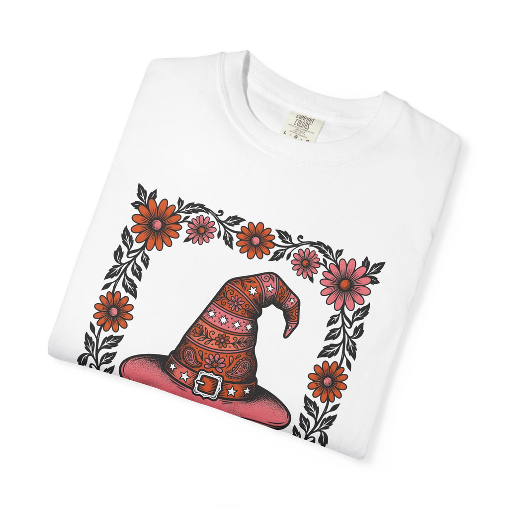 Magic Hat Shirt Halloween Bouquet Gift Women Line Art Tee Top Hat T-Shirt Spooky Fan Witch Hat Tshirt Floral Graphic Ink Drawing Petal