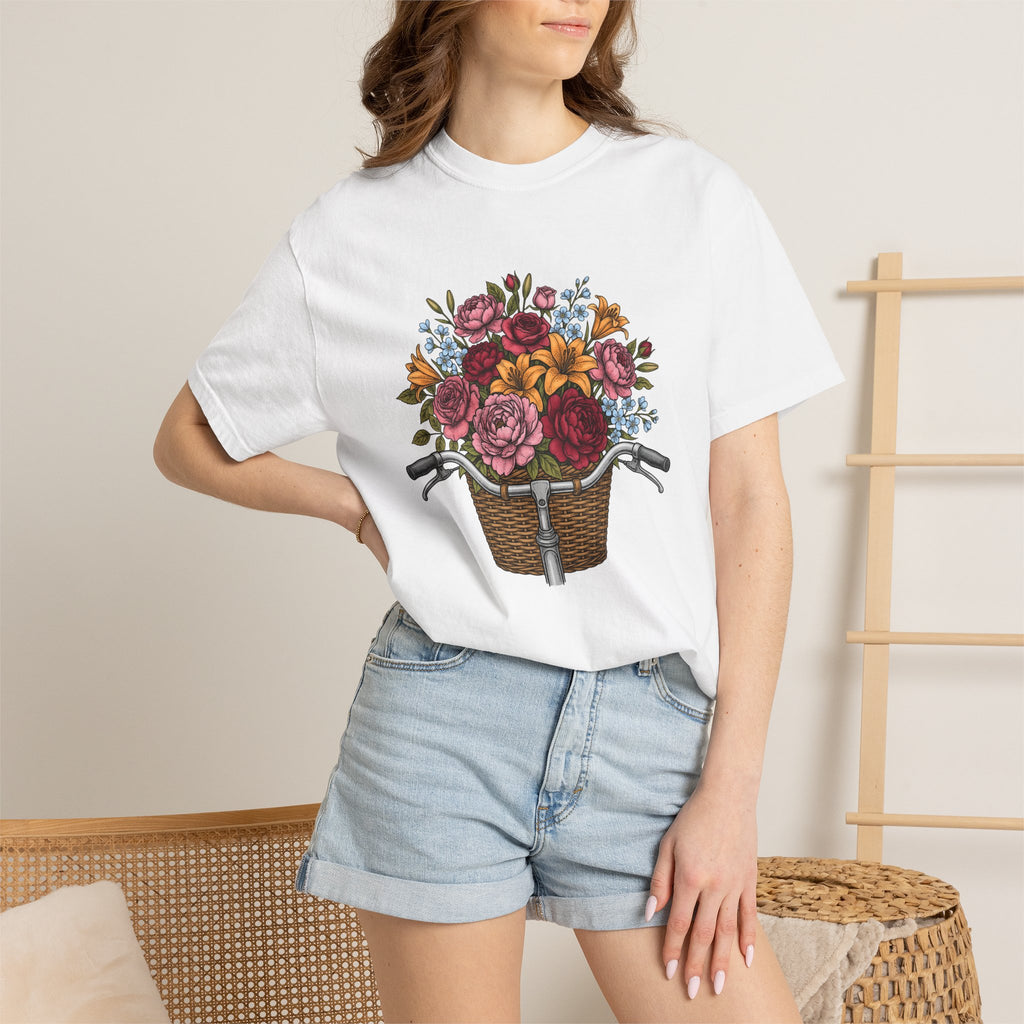 Cycle Basket Flowers Shirt Easter Petals Gift Women Floral Drawing Tee Bicycle Basket T-Shirt Spring Fan Floral Art Tshirt Floral Design