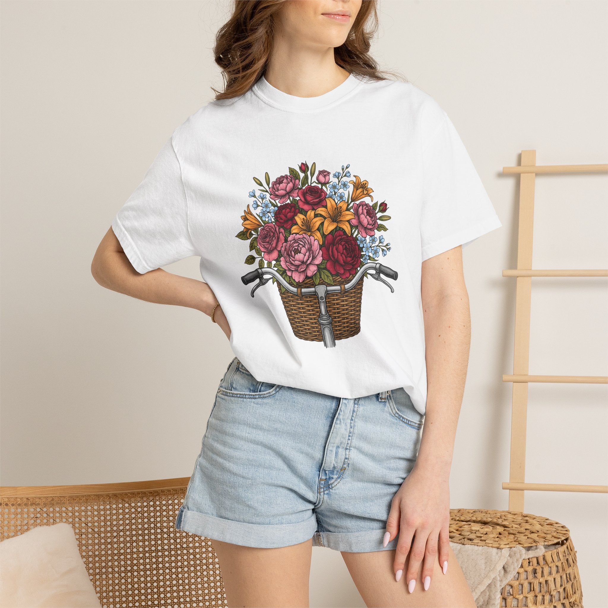 Cycle Basket Flowers Shirt Easter Petals Gift Women Floral Drawing Tee Bicycle Basket T-Shirt Spring Fan Floral Art Tshirt Floral Design