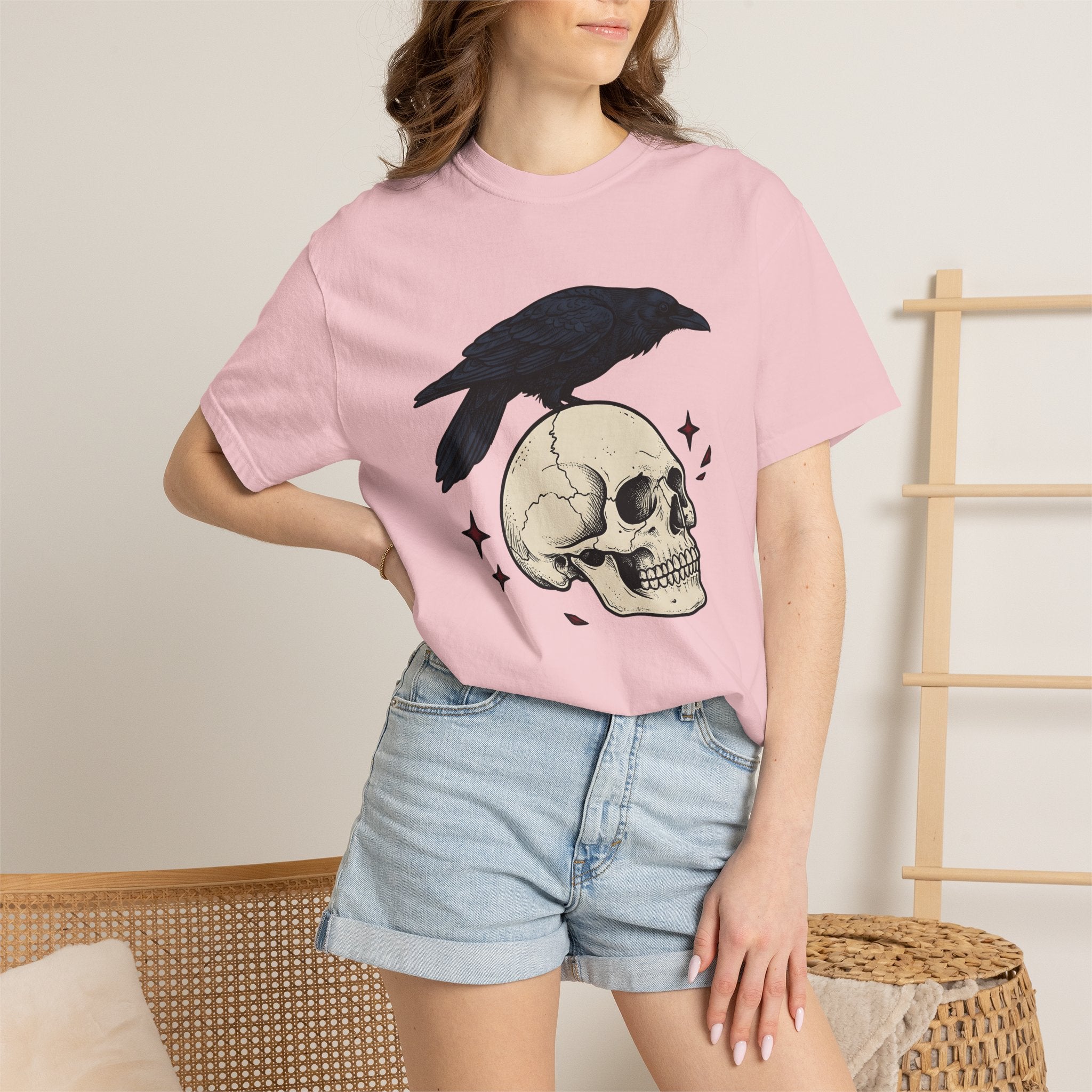 Raven Skull Shirt Halloween Gothic Gift Women Gothic Tee Crow T-Shirt Horror Fan Dark Tshirt Dark Graphic Vintage Stars Tshirt