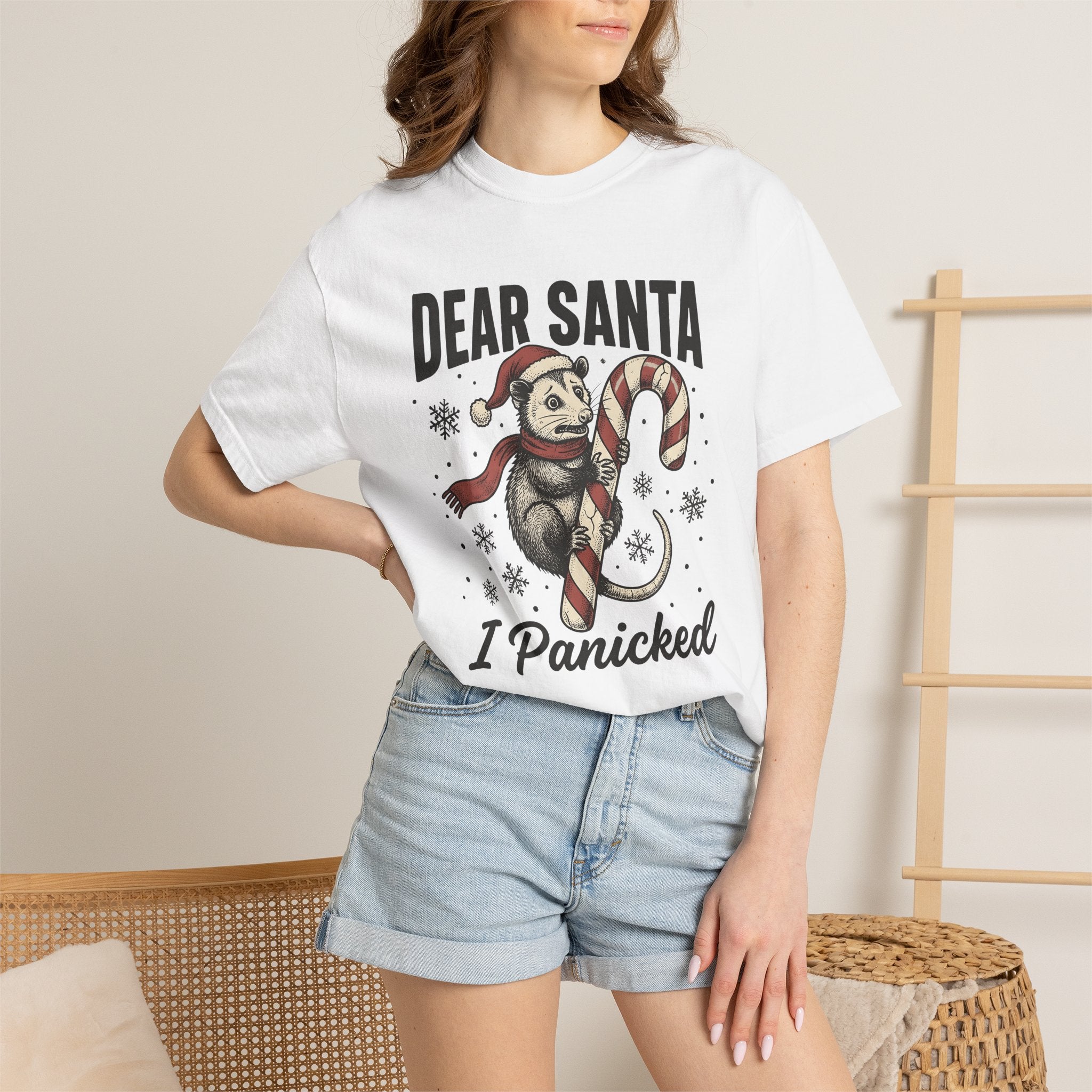 Possum Candy Cane Shirt Christmas Humor Gift Women Vintage Tee Opossum T-Shirt Xmas Fan Retro Tshirt Funny Graphic Hand Drawn Snowflakes