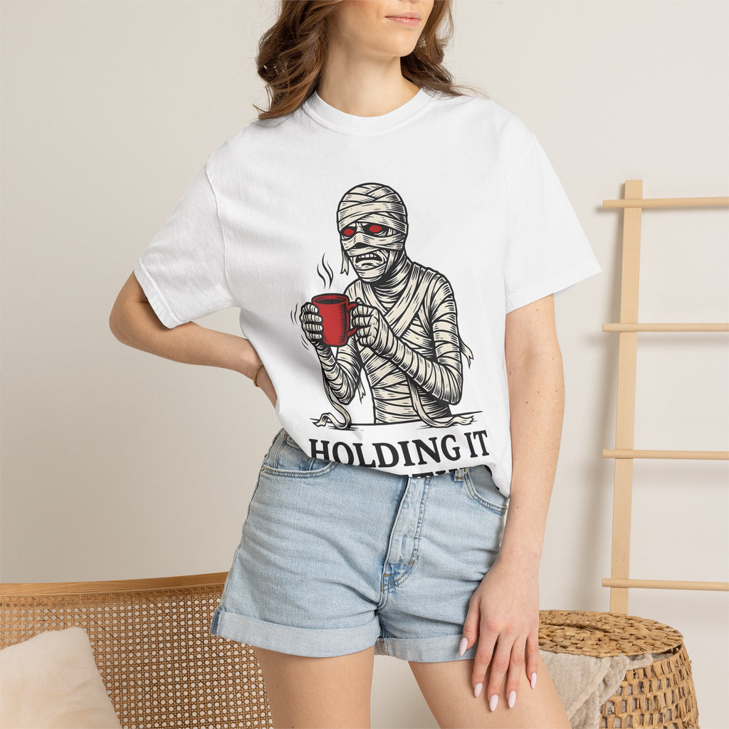 Bandaged Coffee Cup Shirt Halloween Caffeine Gift Women Cartoon Tee Mug T-Shirt Spooky Fan Coffee Cup Tshirt Caffeine Graphic Sketch Crimson