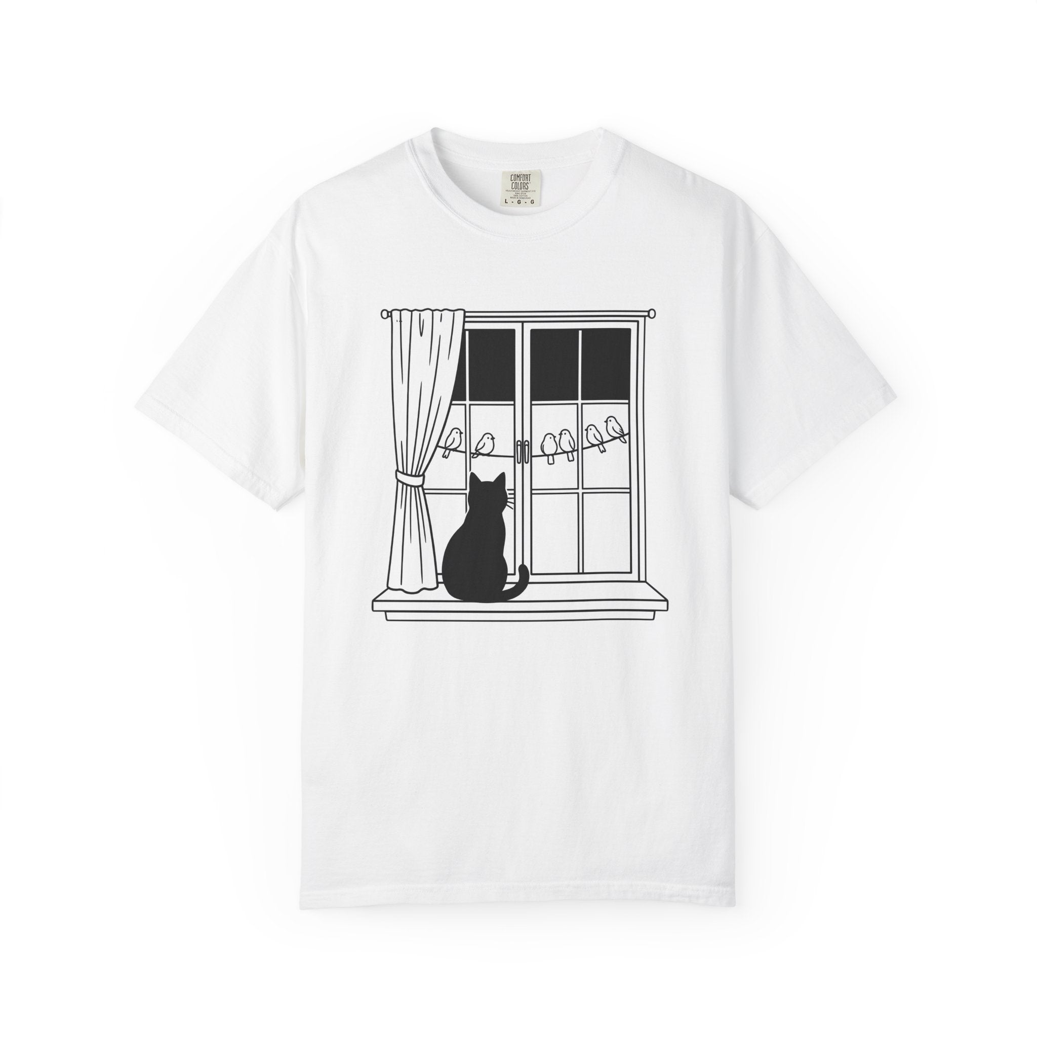 Cat Window Shirt Cat Animals Gift Women Simple Tee Perch T-Shirt Cat Fan Minimalist Tshirt Wildlife Graphic Outline Birds Tshirt
