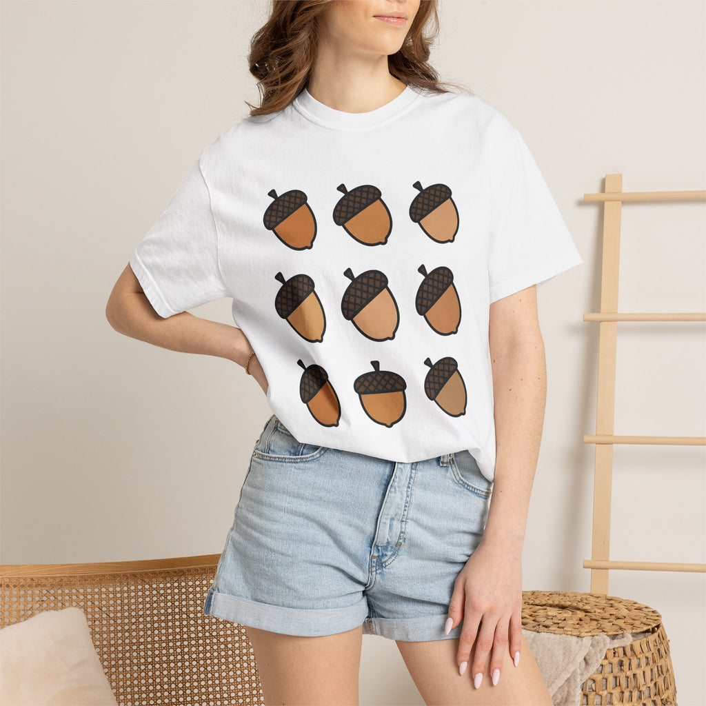 Acorn Print Shirt Cute Autumn Gift Women Comic Tee Oak T-Shirt Adorable Fan Cartoon Tshirt Fall Graphic Clean Check Design Tshirt