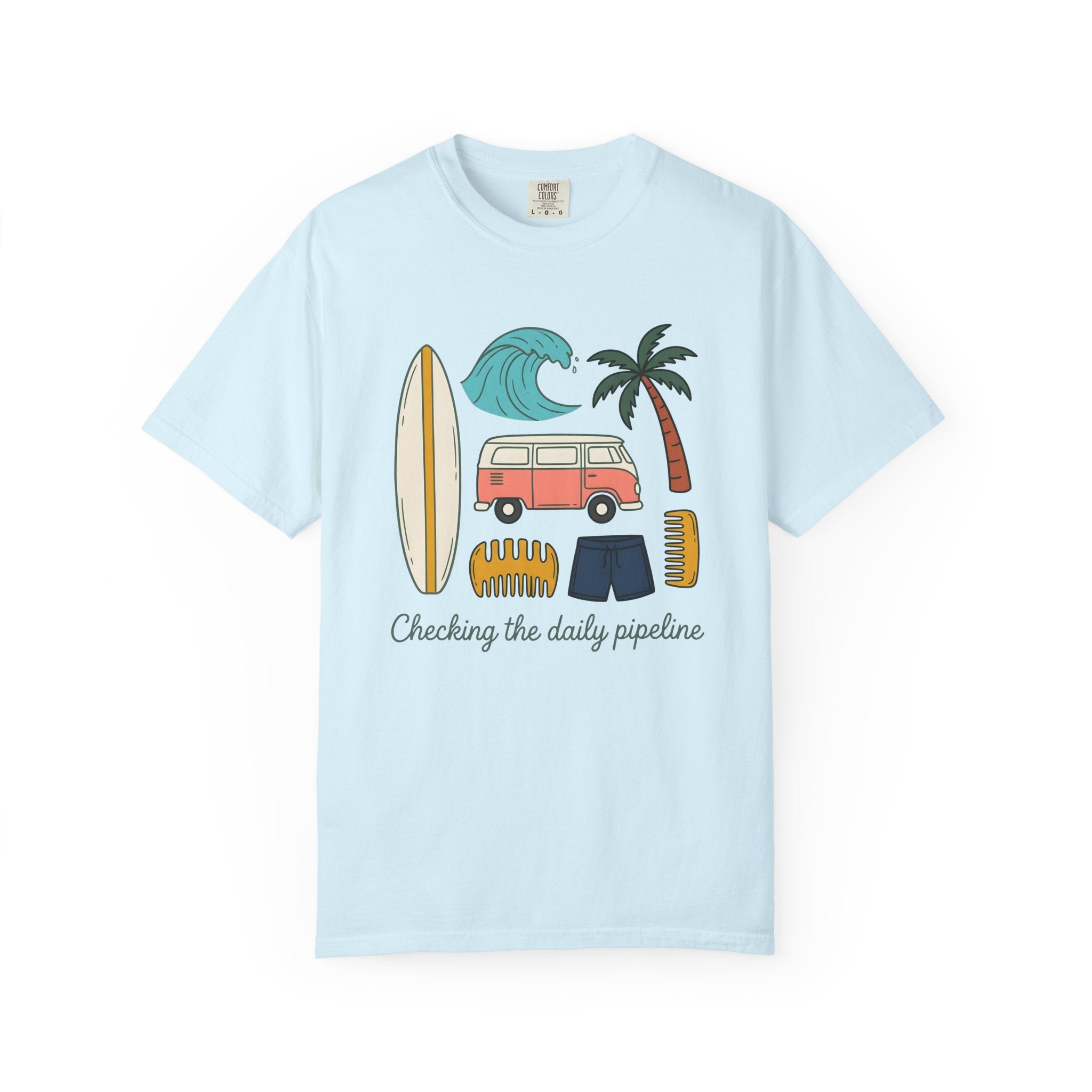 Beach Van Surfboard Shirt Surfing Ocean Gift Women Line Art Tee Camper Van T-Shirt Surfer Enthusiast Illustration Tshirt Sea Graphic Classic