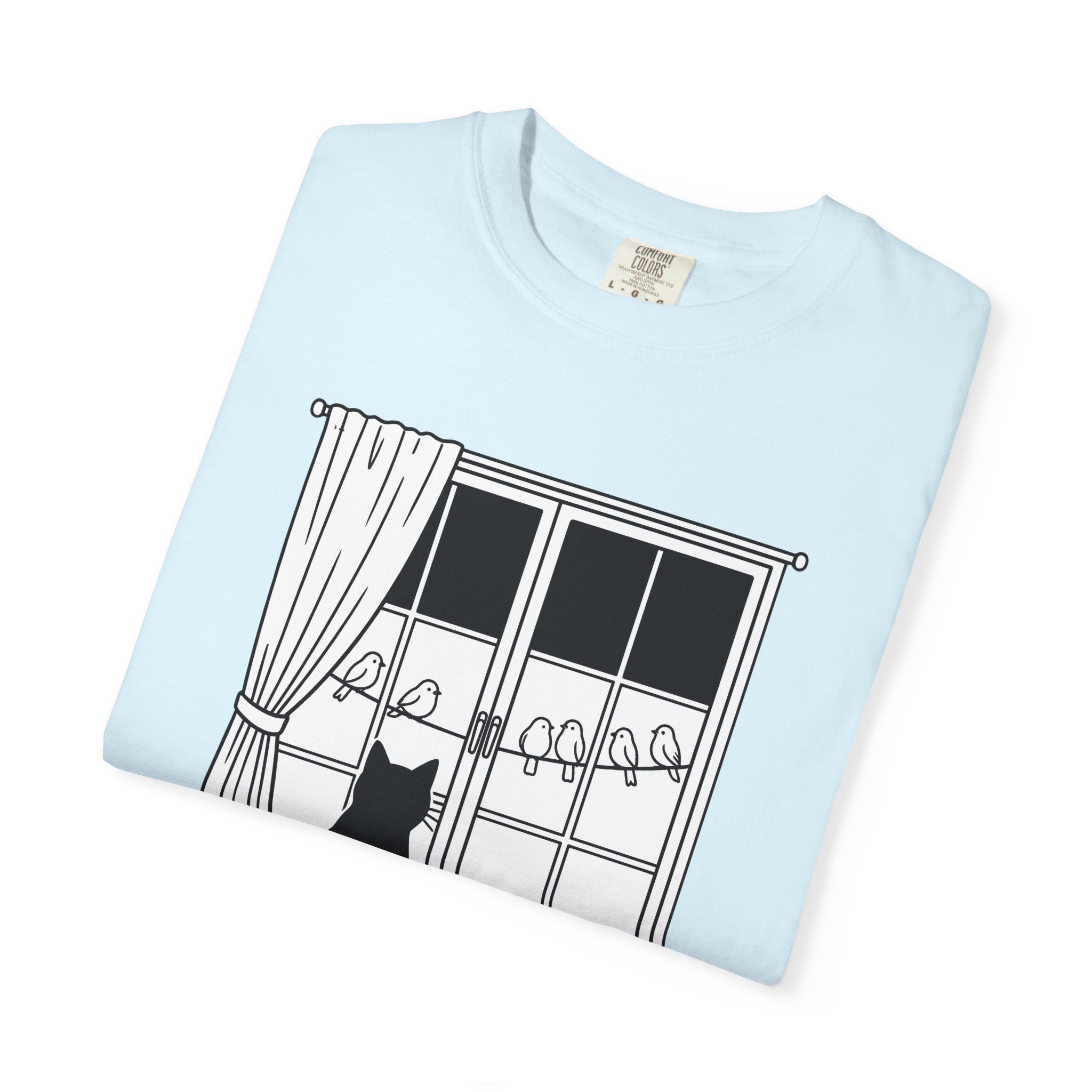 Cat Window Shirt Cat Animals Gift Women Simple Tee Perch T-Shirt Cat Fan Minimalist Tshirt Wildlife Graphic Outline Birds Tshirt