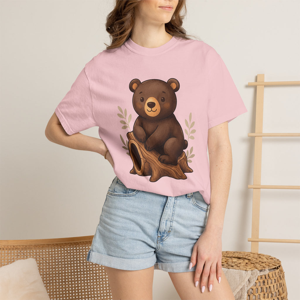 Bear Cub Shirt Animals Woodland Gift Women Cute Tee Cub T-Shirt Wildlife Fan Cartoon Tshirt Forest Graphic Hand Drawn Tree Stump Tshirt