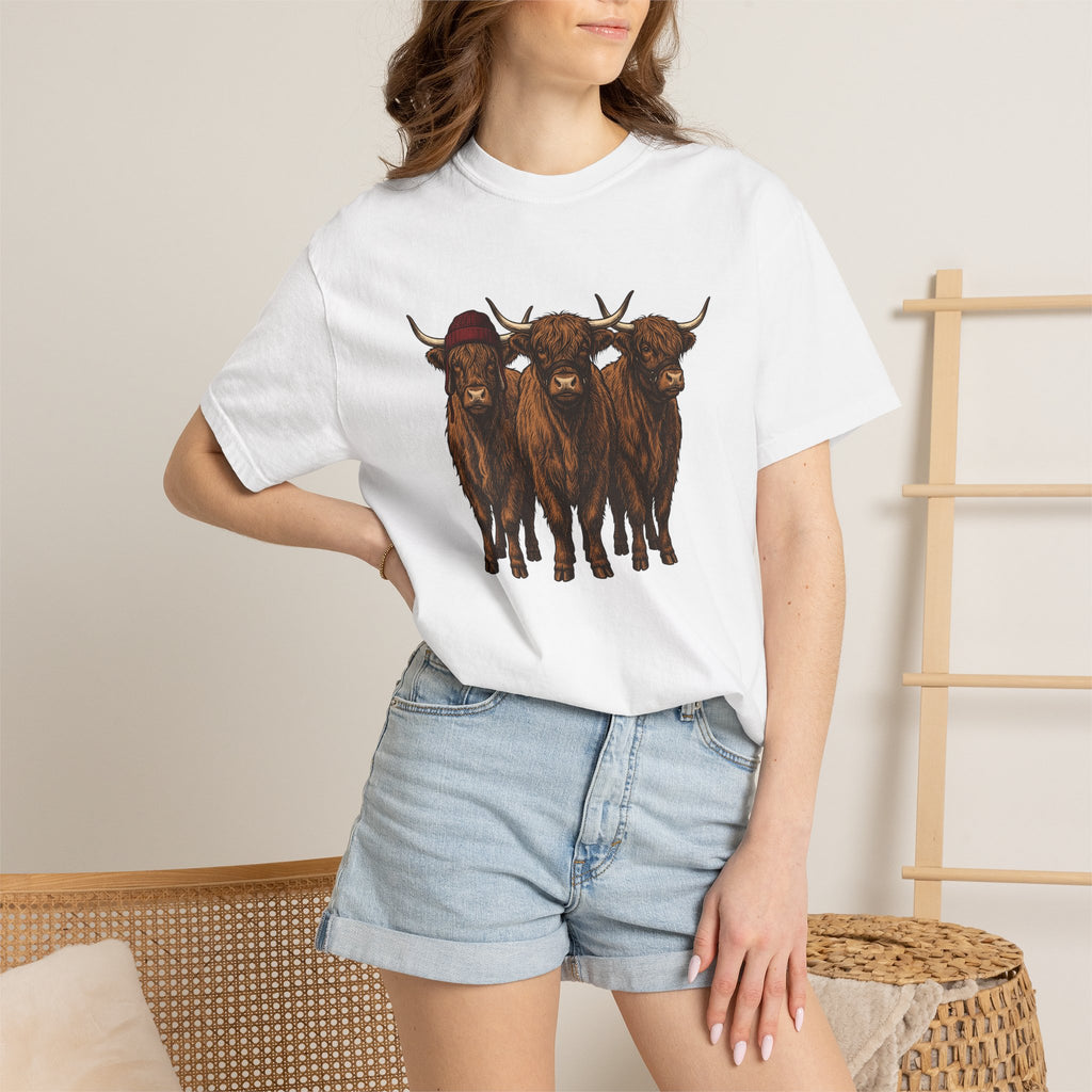Scottish Cattle Trio Shirt Christmas Livestock Gift Women Cartoon Tee Cow T-Shirt Xmas Fan Comic Tshirt Farm Graphic Rustic Winter Cap