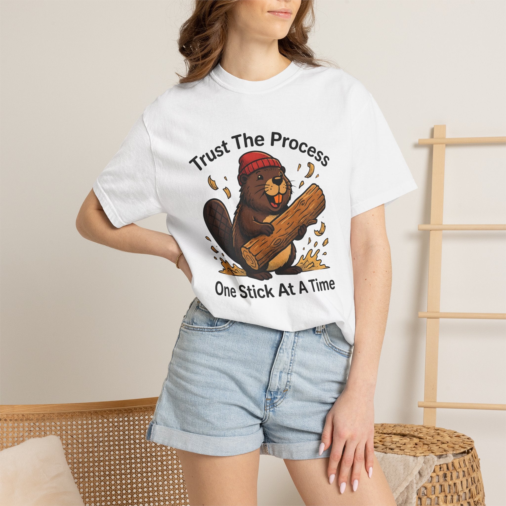 Beaver Log Shirt Funny Animal Gift Women Cartoon Tee Dam T-Shirt Humor Fan Comic Tshirt Wildlife Graphic Vintage Red Beanie Tshirt