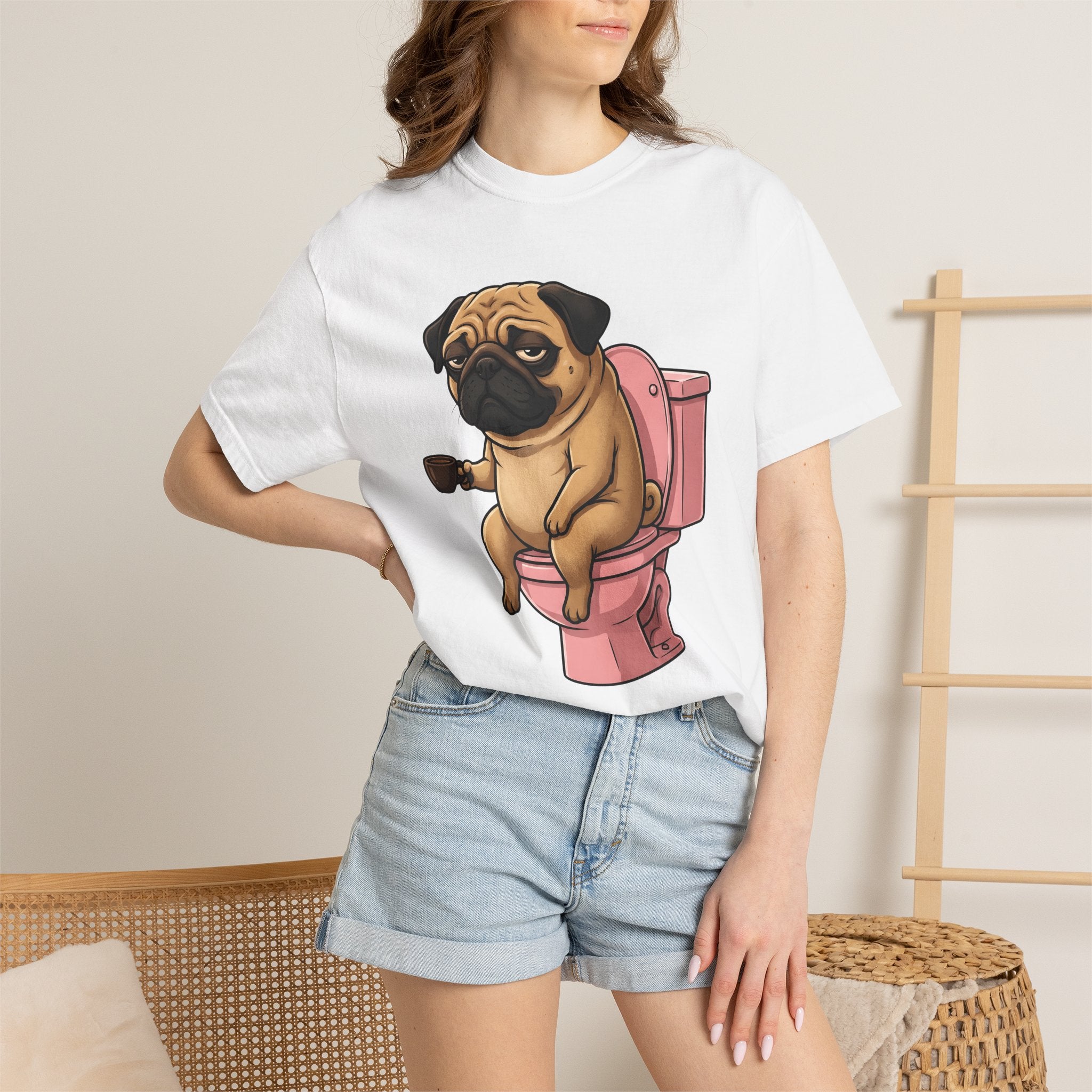 Pug Mocha Shirt Dog Satire Gift Women Animated Tee Pugs T-Shirt Dog Fan Cartoon Tshirt Parody Graphic Line Art Lavatory Tshirt