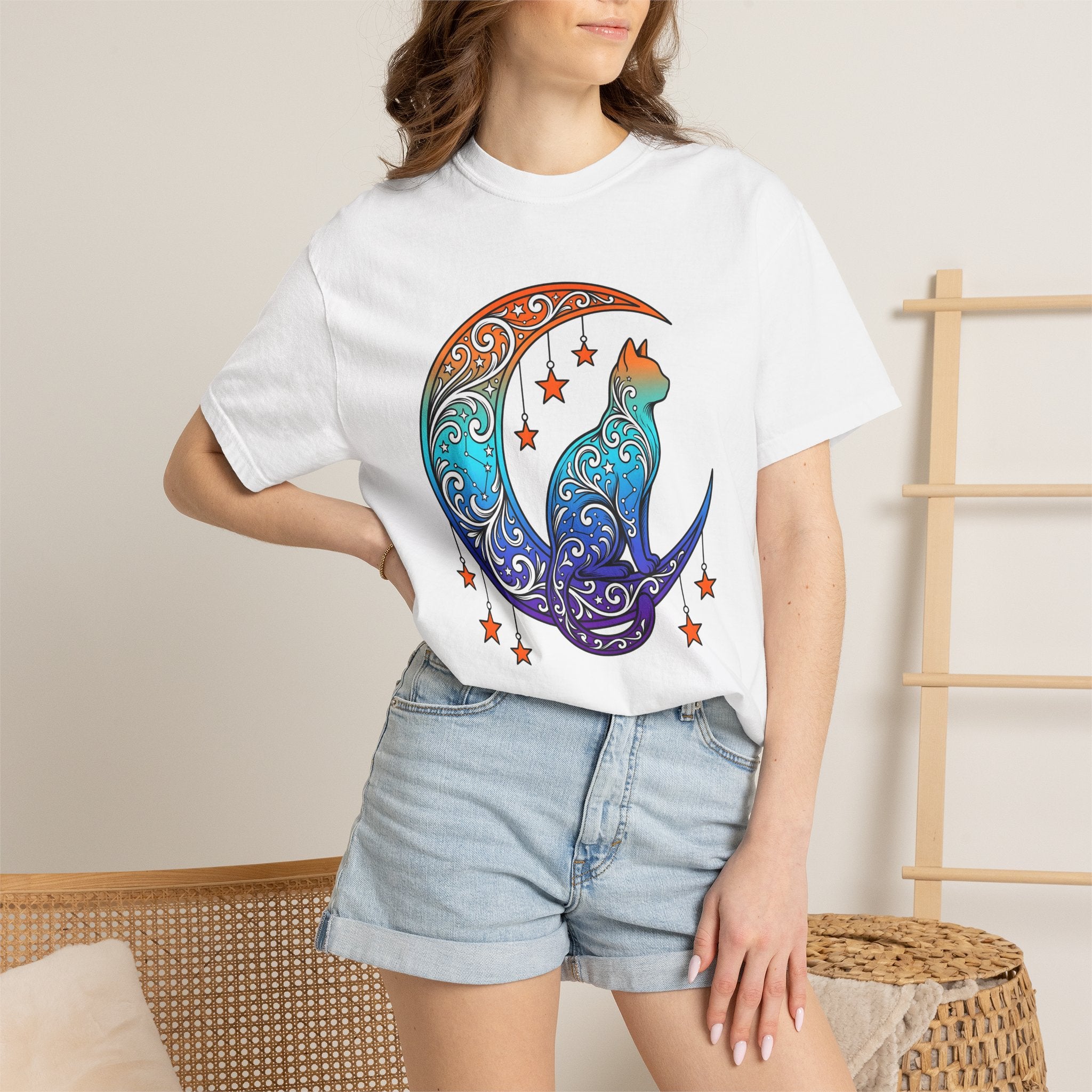 Celestial Cat Shirt Cat Moon Gift Women Boho Tee Kitty T-Shirt Cat Fan Feline Tshirt Lunar Graphic Psychedelic Stars Tshirt