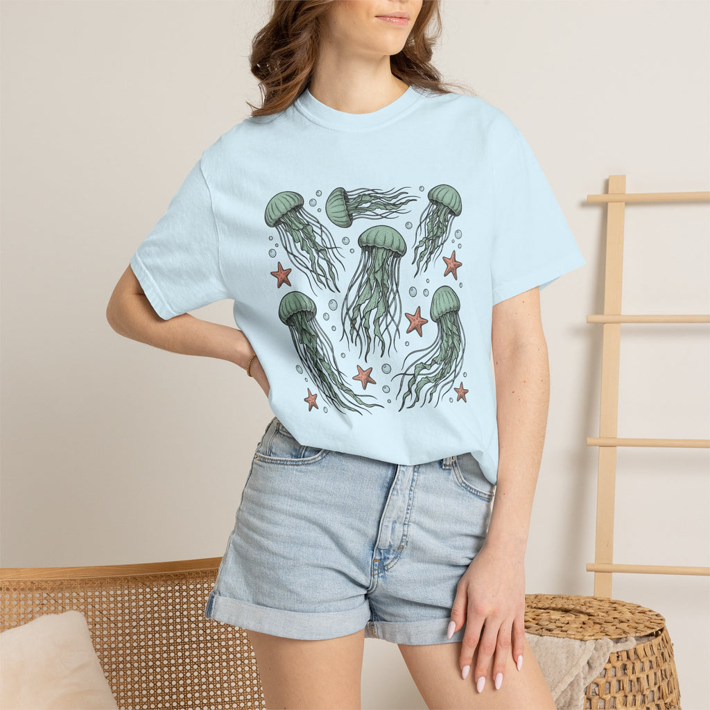 Jellyfish Motif Shirt Ocean Environment Gift Women Cartoon Tee Medusa T-Shirt Marine Fan Jelly Art Tshirt Eco Graphic Sketch Starfishes