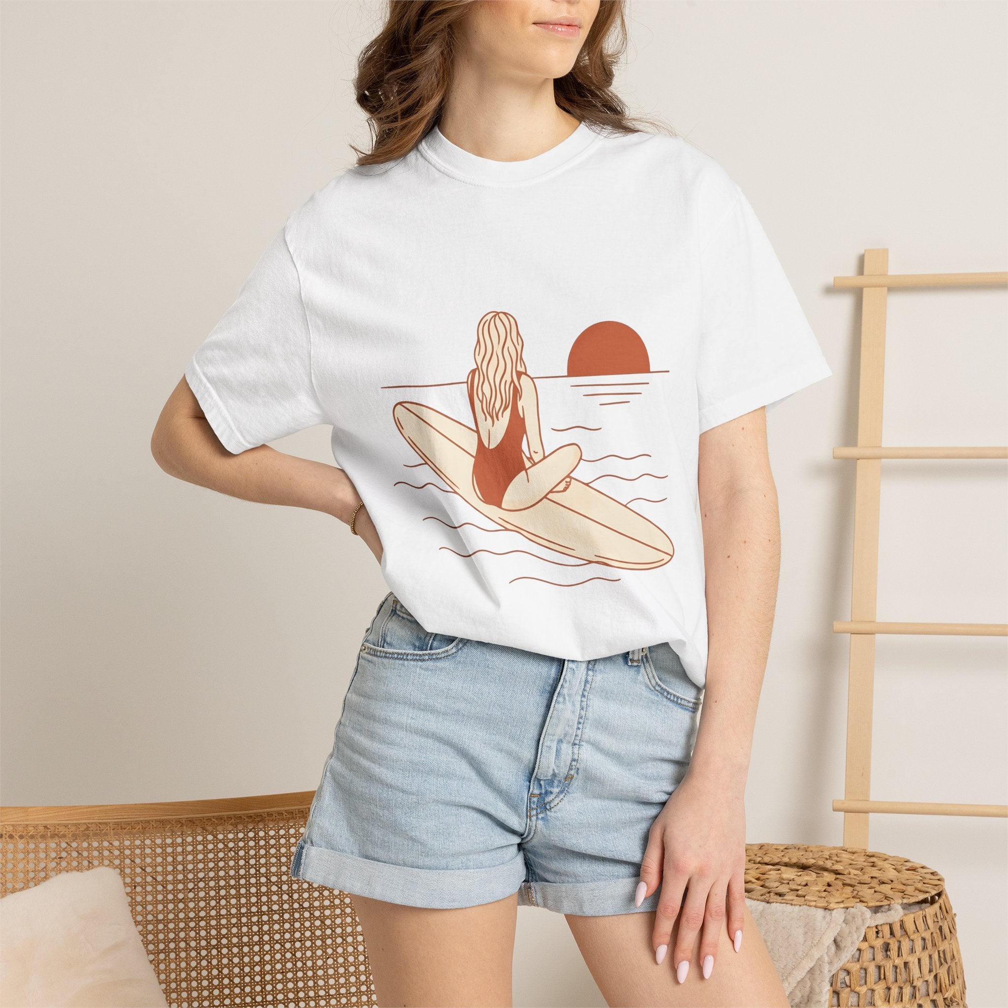 Surfing Woman Shirt Surfing Ocean Gift Women Modern Tee Surfer T-Shirt Surf Enthusiast Contemporary Tshirt Marine Graphic Classic Evening