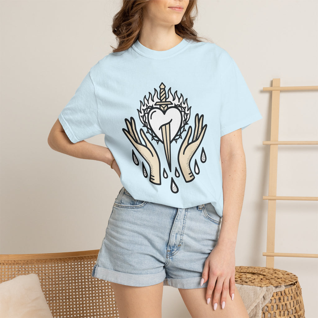 Divine Heart Shirt Boho Chic Mindfulness Gift Women Sketch Tee Sacred Heart T-Shirt Bohemian Enthusiast Drawing Illustration Outline Palms