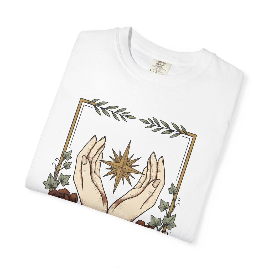 Hand Blossom Art Shirt Boho Chic Esoteric Gift Women Garden Tee Floral T-Shirt Bohemian Fan Floral Design Tshirt Antique Star Icon Tshirt