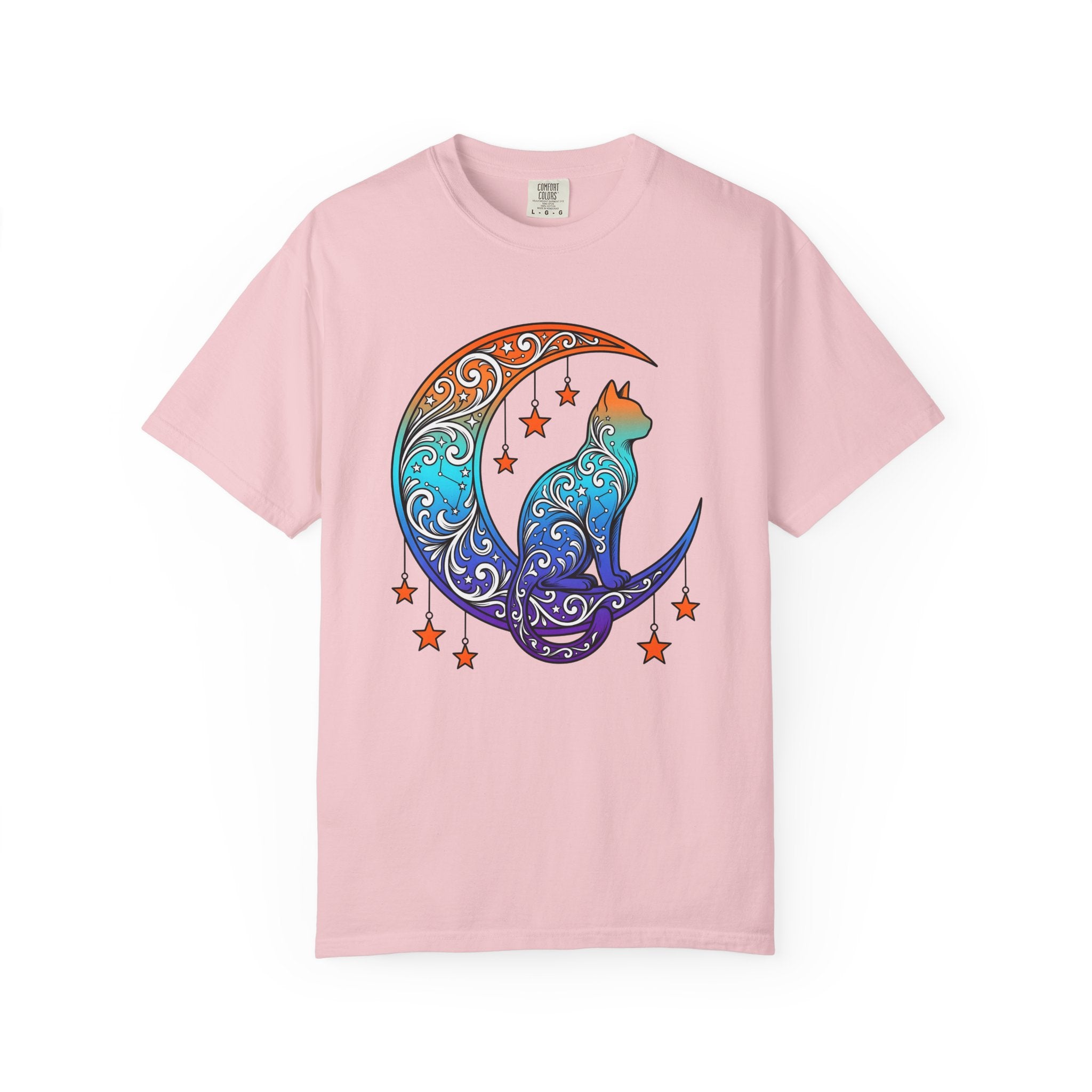 Celestial Cat Shirt Cat Moon Gift Women Boho Tee Kitty T-Shirt Cat Fan Feline Tshirt Lunar Graphic Psychedelic Stars Tshirt