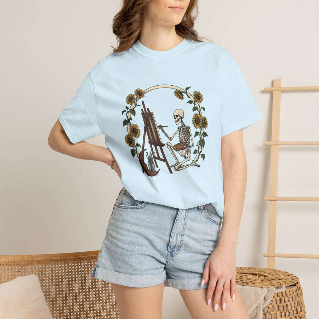 Skeleton Artist Shirt Boho Chic Gothic Gift Women Vintage Tee Skull T-Shirt Bohemian Enthusiast Retro Tshirt Dark Graphic Hand Drawn