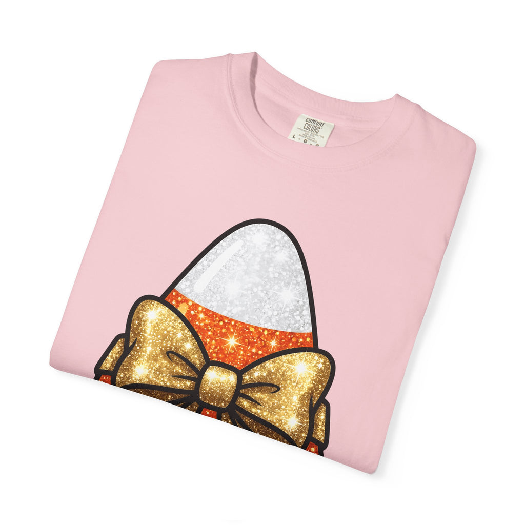 Candy Corn Shirt Halloween Treats Gift Women Shimmer Tee Triangular Candy T-Shirt Spooky Fan Glittery Tshirt Dessert Graphic Adorable Knot