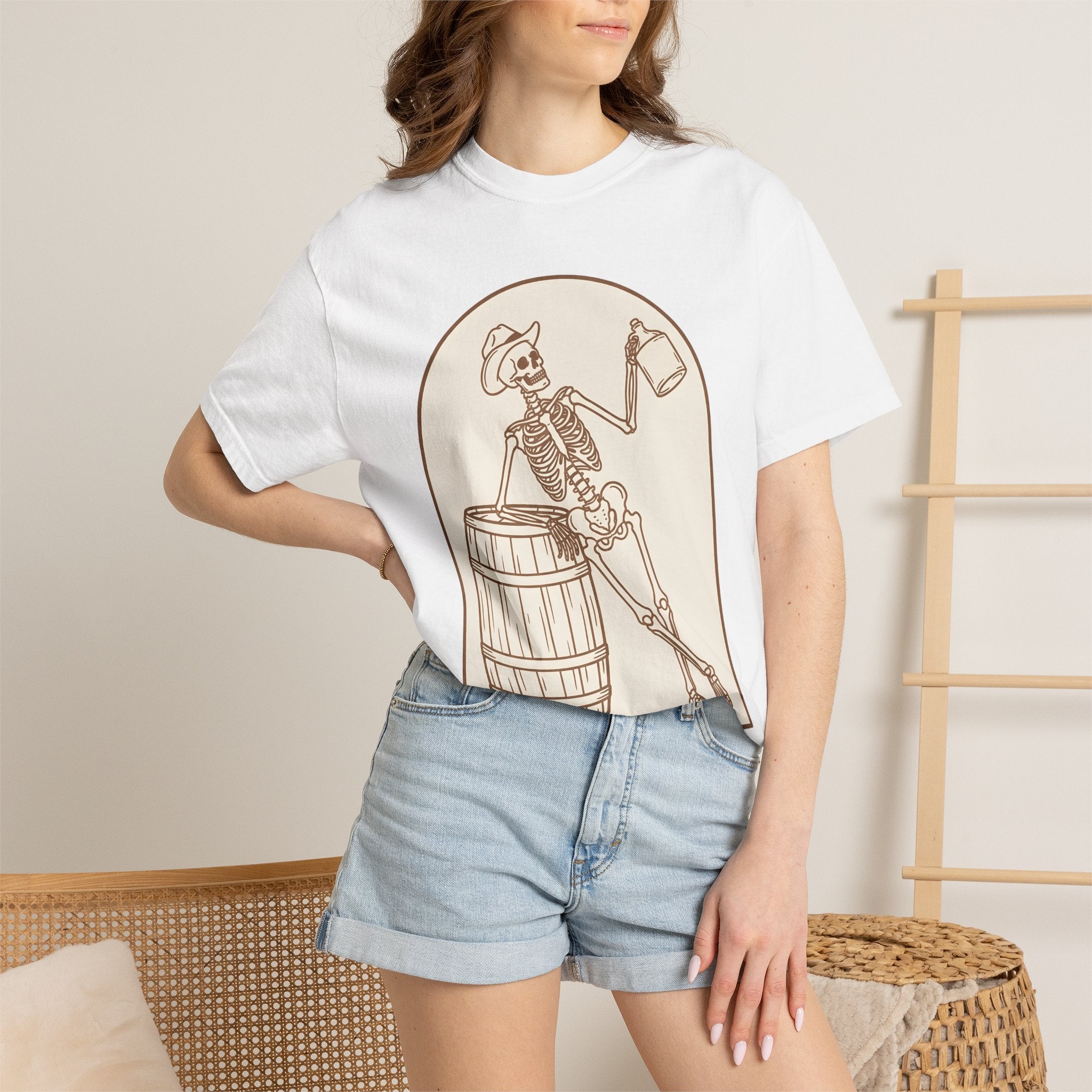 Western Skeleton Shirt Halloween Cowboy Gift Women Sketch Tee Skeleton T-Shirt Horror Fan Sketched Tshirt Rodeo Graphic Retro Whiskey Cask