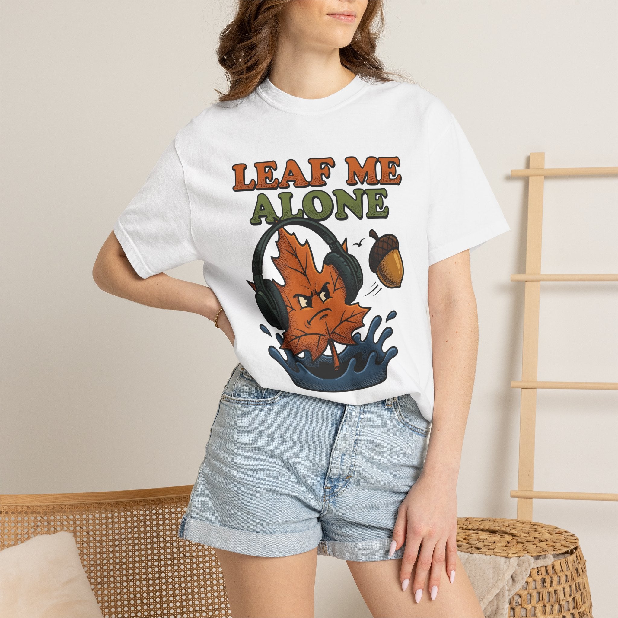 Autumn Leaf Headphones Shirt Fall Funny Gift Women Line Art Tee Headset T-Shirt Autumn Fan Minimalist Tshirt Humor Graphic Hand Drawn Seed