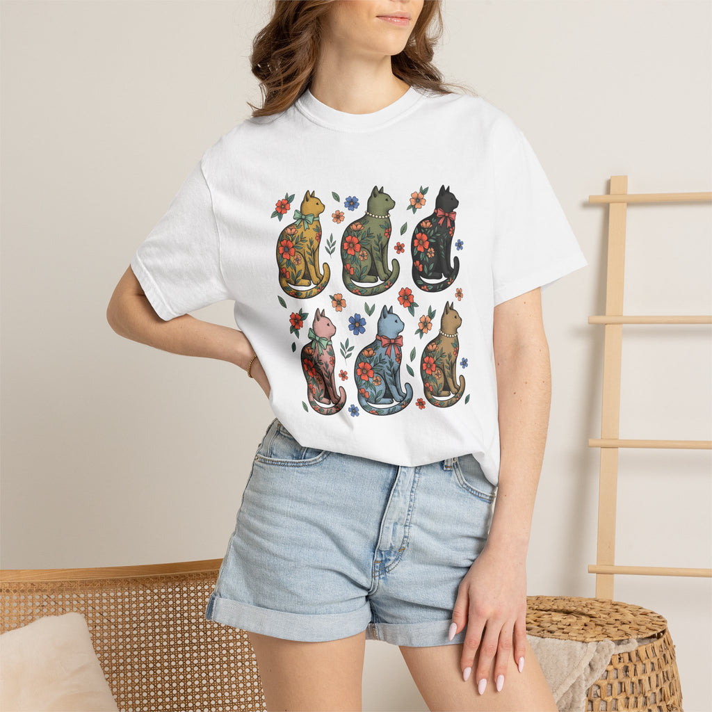 Flower Cat Shirt Animals Plants Gift Women Hippie Tee Kitty Cat T-Shirt Pet Fan Feline Tshirt Floral Graphic Classic Ribbon Tshirt