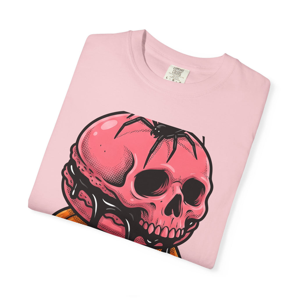 Skull Macarons Shirt Desserts Halloween Gift Women Bold Graphic Tee Macaron T-Shirt Pastry Fan Graphic Tshirt Spooky Graphic Retro Spider