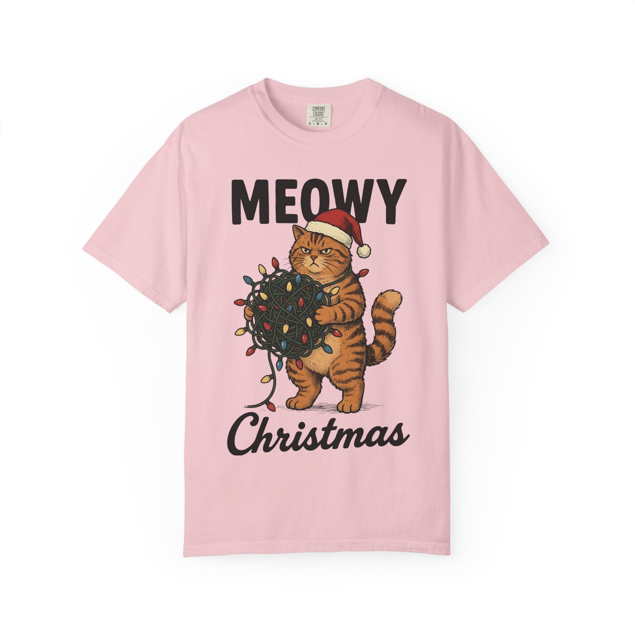Cat Christmas Hat Shirt Christmas Critters Gift Women Line Art Tee Kitty T-Shirt Christmas Fan Feline Tshirt Animal Graphic Illustration