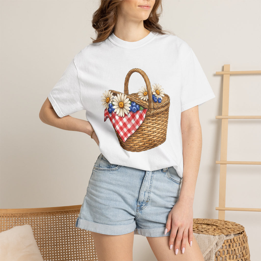 Picnic Basket Shirt 4th Of July Holiday Gift Women Sketch Tee Hamper T-Shirt Fireworks Fan Drawing Graphic Vintage Daisy Petals Tshirt