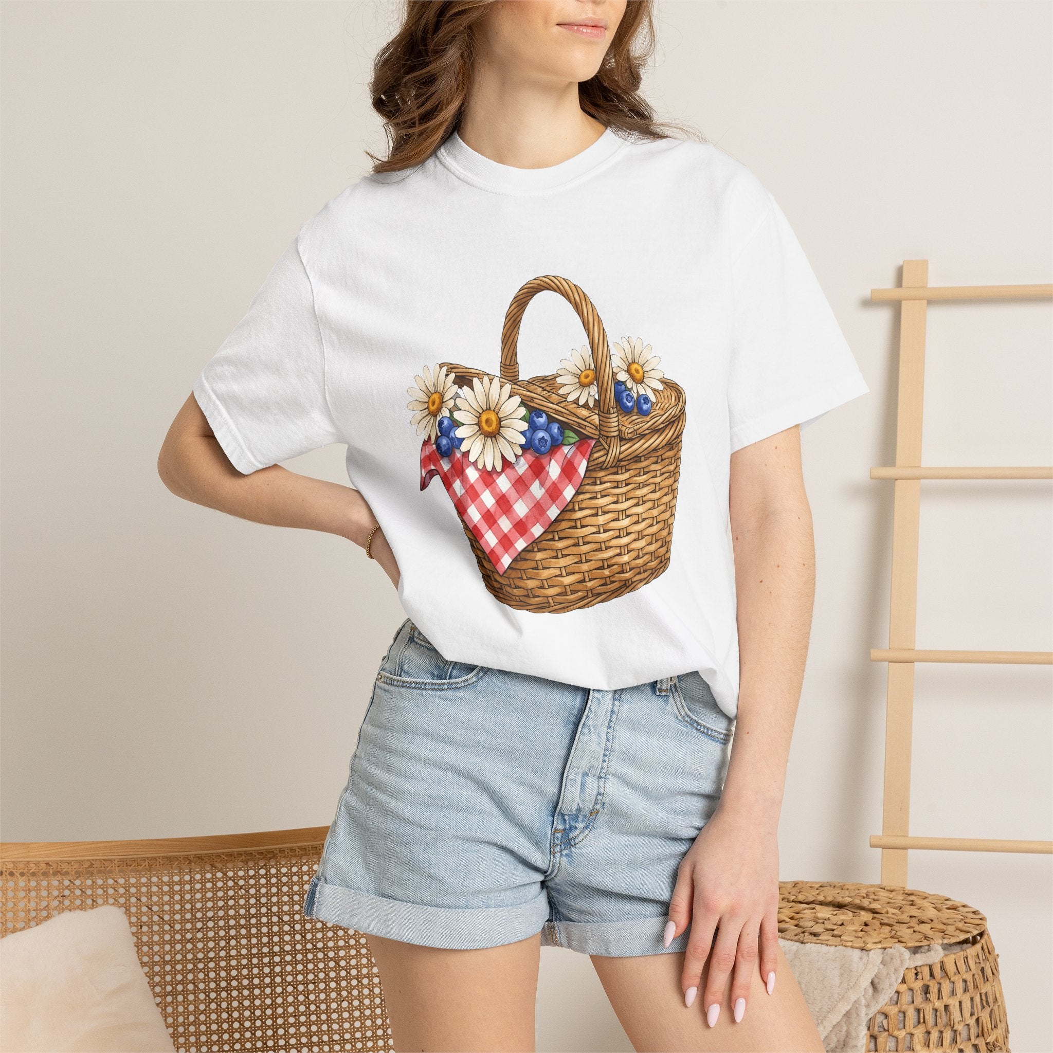 Picnic Basket Shirt 4th Of July Holiday Gift Women Sketch Tee Hamper T-Shirt Fireworks Fan Drawing Graphic Vintage Daisy Petals Tshirt