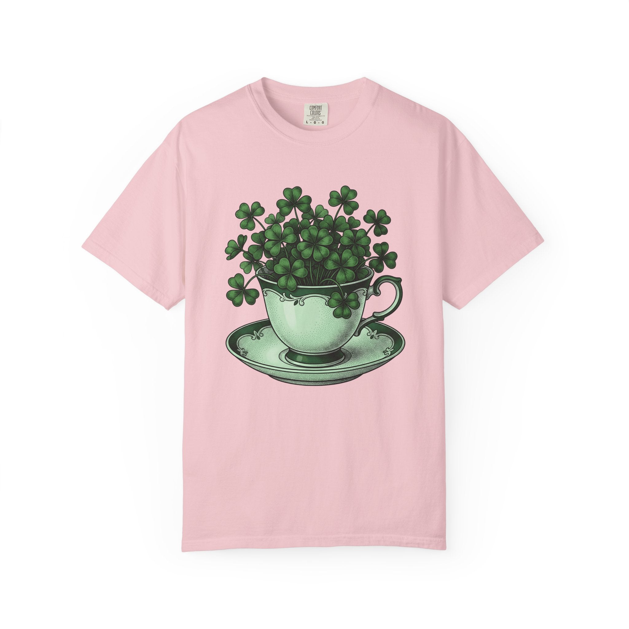 Clover Tea Cup Shirt St Patrick's Day Flower Gift Women Retro Tee Teacup T-Shirt Shamrock Fan Vintage Tshirt Floral Graphic Sketch Plate