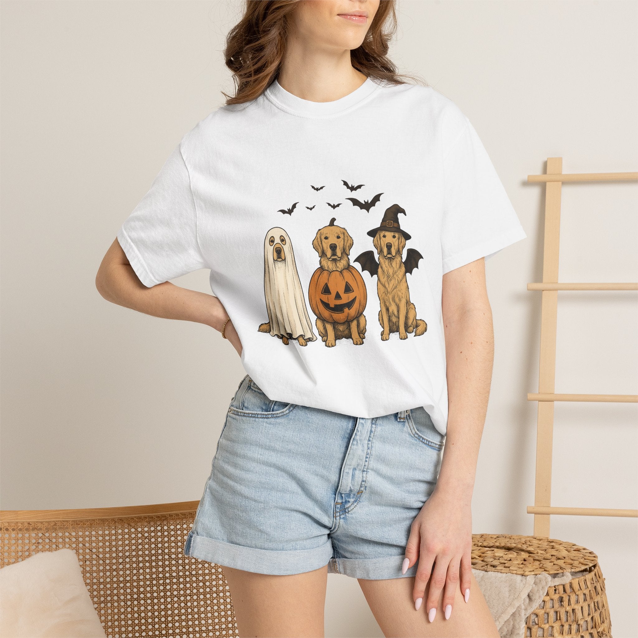 Golden Retriever Puppies Shirt Halloween Pet Gift Women Sketch Tee Puppy T-Shirt Halloween Fan Dog Tshirt Animal Graphic Retro