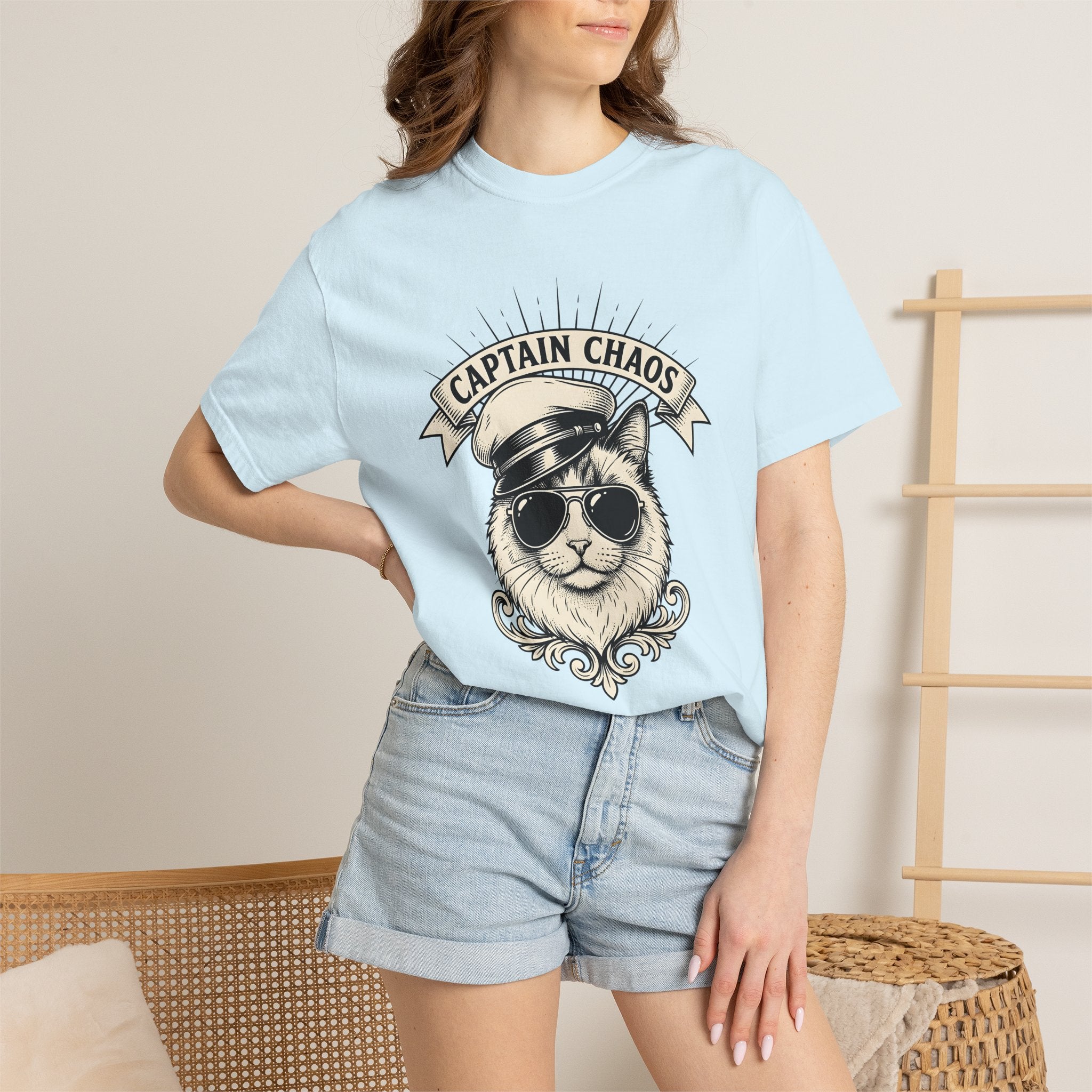 Cat Sunglasses Shirt Cat Humor Gift Women Vintage Tee Cool Cat T-Shirt Feline Fan Retro Tshirt Funny Graphic Hand Drawn Captain Hat Tshirt