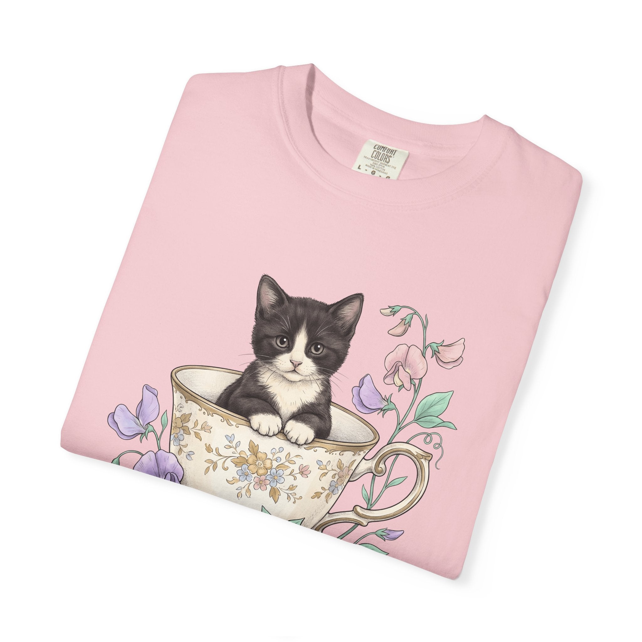 Cat Teacup Shirt Cat Leaves Gift Women Floral Design Tee Kitty T-Shirt Feline Fan Floral Tshirt Foliage Graphic Shabby Chic Petals Tshirt