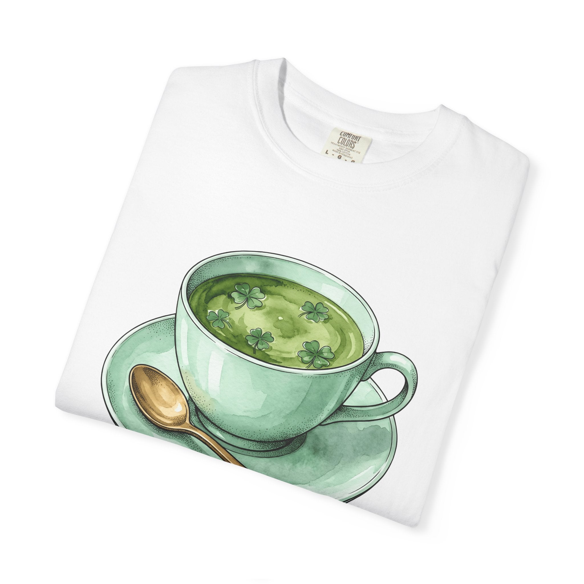 Lucky Leaf Cup Shirt St Patrick's Day Infusion Gift Women Painted Tee Tea Cup T-Shirt Shamrock Fan Hand Painted Tshirt Herbal Graphic Sketch