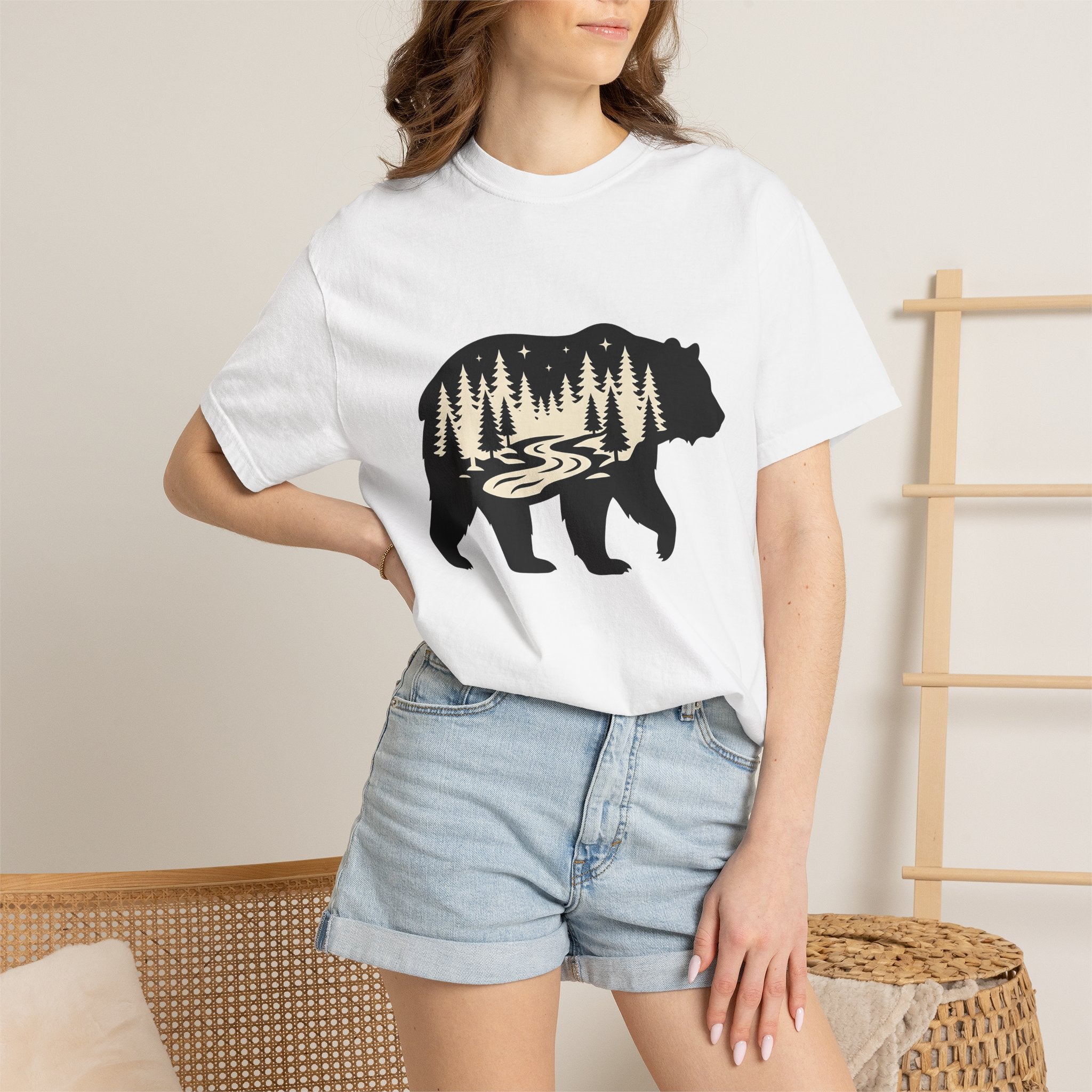 Bear Forest Shirt Cottagecore Woodland Gift Women Minimalist Tee Bear T-Shirt Rustic Fan Simple Tshirt Forest Graphic Nature Pine Trees