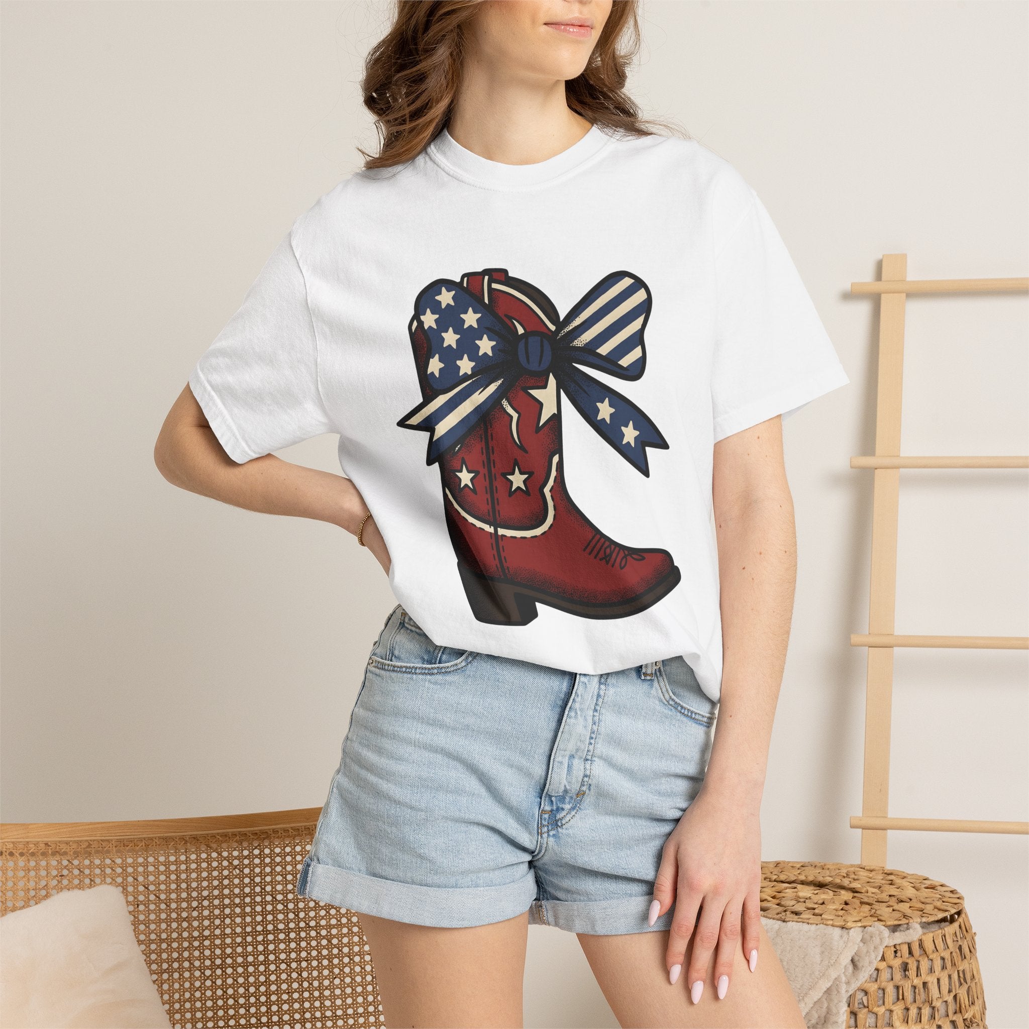 Western Boot Shirt America Cowboy Gift Women Rustic Tee Boot T-Shirt American Fan Cowboy Graphic Vintage Tshirt Old School Flag Ribbon