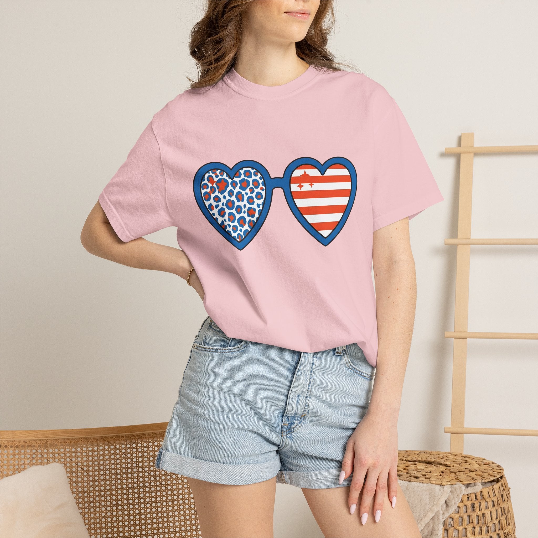 Heart Shades Shirt America Flag Gift Women Vibrant Tee Shades T-Shirt American Fan Patriotic Tshirt Banner Graphic Vintage Leopard Pattern